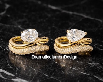 ゴージャスな横長9 x 6 mmペアカットモアッサナイトオフサイドカーブバンドリング、テクスチャードパヴェウェーブスタックマッチングバンドとペアリング、オーバルリングセット