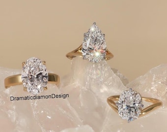 ロータスプロング 6カラット オーバルカット ワイド シガーバンド モアッサナイトリング、オフセットダイヤモンド ウェーブバンド ヒドゥンハローリング、ティアドロップダイヤモンド スプリットシャンクリング