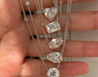 美しい横長14 x 10 mmペアカットモアッサナイトダイヤモンドネックレス、ハートシェイプダイヤモンドゴージャスネックレス、ラウンドネックレス、18Kホワイトゴールド