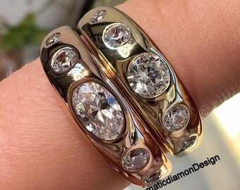 Anillo grueso de oro con forma de burbuja y diamantes de moissanita, anillo llamativo de banda ancha.