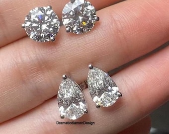 Pendientes de diamantes con moissanita de talla redonda, pendientes de botón con talla de pera, cierre de rosca de oro blanco de 14k