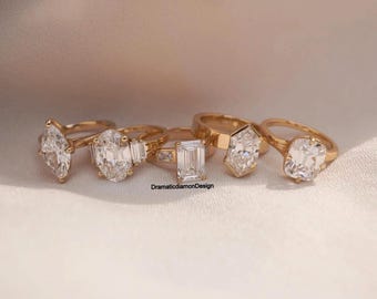 Anillo hexagonal con medio bisel, anillo de diamantes marquesa con garras de brújula, anillo ovalado de cinco piedras, anillo de moissanita cojín alargado de mina antigua, anillo de tres piedras