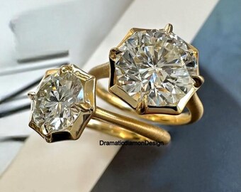 Anillo de moissanita redonda de 9 mm con diamantes, anillo de propuesta de oro amarillo de 18k con engaste de brújula.