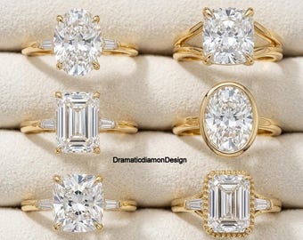 Anillo de tres piedras con talla ovalada, esmeralda y cojín, anillo de compromiso con brazo dividido, anillo de diamantes y moissanita engastados en bisel, anillo de diseñador