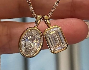 ゴージャスなチェーンなしペンダント、3.85カラットのオーバルカットモアッサナイトベゼルセットペンダント、10 x 7 mmのエメラルドカットダイヤモンドのみのペンダント、ギフトに最適