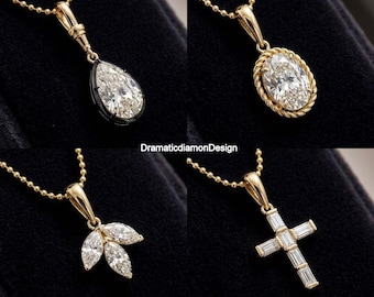 14 x 10 mm ペアカット モアッサナイト ブラックエナメルベゼルセットペンダント、ロープベゼルセット オーバルカットペンダント、マーキーズカット クラスターペンダント、クロスペンダント