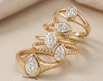 9 x 6 mm ペアカット モアッサナイト ハンマードリング、スプリットシャンク ティアドロップリング、ロープバンド ソリティアリング、ダイヤモンド オーバルリング、14K イエローゴールドリング