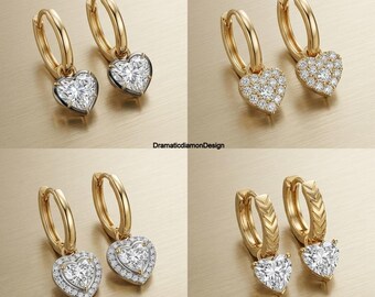 Pendientes colgantes de moissanita de 8,50 mm con bisel de esmalte negro y engaste de garras, pendientes de diamantes tipo halo, pendientes colgantes en forma de corazón, oro amarillo de 14k