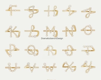 AからZのアルファベット順ダイヤモンドリング、モアッサナイトダイヤモンドベゼルセットレターネームエンゲージリング、14Kイエローゴールド誕生日＆卒業ギフト