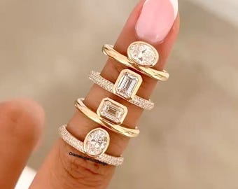 Oval & Emerald Cut Moissanite Pave Ring, 14k Yellow Gold Half Eternity Band