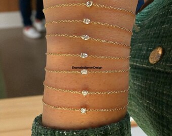 Pulsera delicada de cadena de oro con pequeño diamante, joyería minimalista, pulsera para combinar con otras, regalo para damas de honor