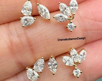 Pendientes de moissanita diminuta con diamantes y forma de marquesa en racimo, con cierre de rosca.