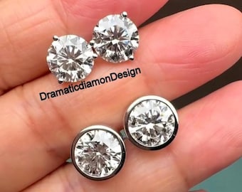 8mmラウンドカットモアッサナイトベゼルセットプッシュバックイヤリング、ソリティア3プロングスタッドイヤリング、14Kホワイトゴールドデイリーウェアスタッド、誕生日ギフト
