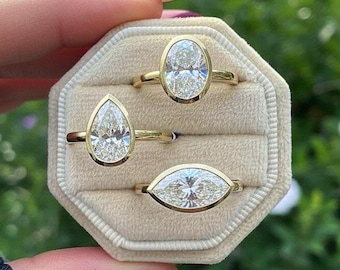 16 x 8 mm イースト・トゥ・ウエスト マーキスカット モアッサナイト ダイヤモンドリング、オーバルカット ベゼルセット エンゲージリング、14K イエローゴールド ペアカット ダイヤモンドリング、ギフト