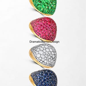 Round Cut Blue Sapphire, Green Emerald, Pink Ruby & White Simulated Diamond Cluster RIng, Dome Setting Bold Modern Black Rhodium Finish RIng
