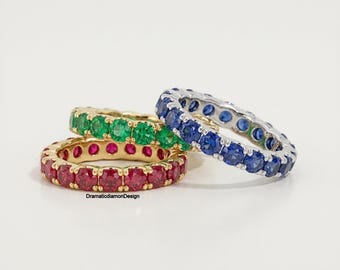 3.50mmラウンドカットブルーサファイアジェムストーンバンド、5月の誕生石エメラルドウェディングバンド、ルビージェムストーンフルエタニティバンド、14Kイエローゴールドバンド