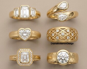 エメラルドカットのスリーストーンベゼルセッティングリング、ティアドロップダイヤモンドバイパスウェディングリング、ハローウェディングリング、14Kイエローゴールドワイドバンドリング、ギフト