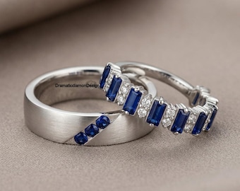 Anillos de boda para parejas con piedras de nacimiento de septiembre, anillo de media eternidad con zafiro talla baguette.