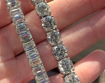 8mmラウンドカットモアッサナイトダイヤモンドテニスブレスレット、7×5mmエメラルドカットダイヤモンドソリティアブレスレット、14Kホワイトゴールドブレスレット、女性へのギフト