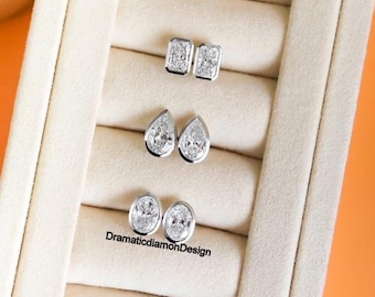 ベゼルセッティングダイヤモンドスタッドピアス、オーバルカットモアッサナイトダイヤモンドシンプルスタッドピアス、ベゼルラディアントダイヤモンドスクリューバックピアス、ティアドロップペアスタッドピアス