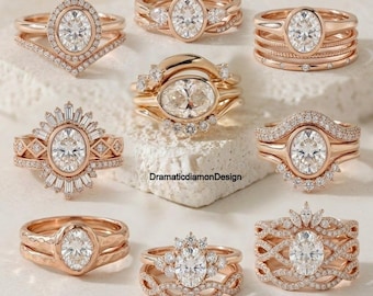 9 x 7 mm オーバルカット モアッサナイト ダイヤモンド ブライダルリングセット、オーバルメインストーンリングとマッチするウェディングバンドの組み合わせ、14Kローズゴールド トリオリングセット