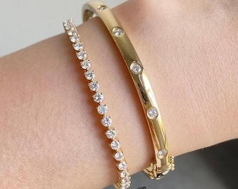 Pulsera de tenis de moissanita redonda de 3,50 mm, brazalete de eternidad con engaste al ras, oro amarillo de 14k