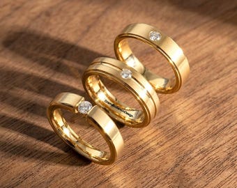 Conjunto de alianzas de boda de lujo en oro y diamantes, anillos a juego para él y para ella, alianzas minimalistas atemporales para parejas, joyería nupcial elegante.