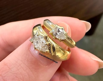 Pear Cut Diamond Open Ring Set, Gold Wrap Ring Duo, Minimalist Stackable Statement Rings