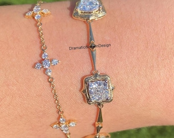 Conjunto de pulsera de moissanita y diamantes, cadena de oro y pulsera geométrica llamativa, regalo para ella, pulsera elegante para el día a día.