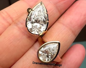 Anillo con diamante moissanita talla pera de 14 x 10 mm engastado en bisel con garras, anillo de compromiso con vástago acampanado y diamante talla pera de 2,70 ct engastado en bisel, oro amarillo de 14k