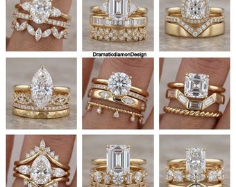 豪華なブライダルリングセット。オーバル、エメラルド、クッション、マーキーズ、ラウンド、アッシャー、ペアシェイプ、エメラルドカット、ラディアントカットのモアッサナイトリングと、それにマッチするバンドをご用意しています。