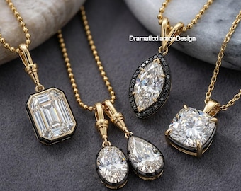 ゴージャスなブラックエナメルベゼルペンダント、マーキスカットモアッサナイトとブラックダイヤモンドのハローペンダント、クッションカット（チェーンなし）ペンダント、14Kイエローゴールド