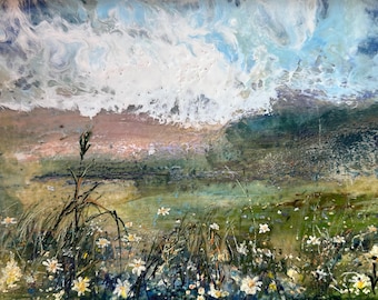 Dipinto astratto originale a cera encausto: opera d'arte moderna materica da parete con paesaggio verde.