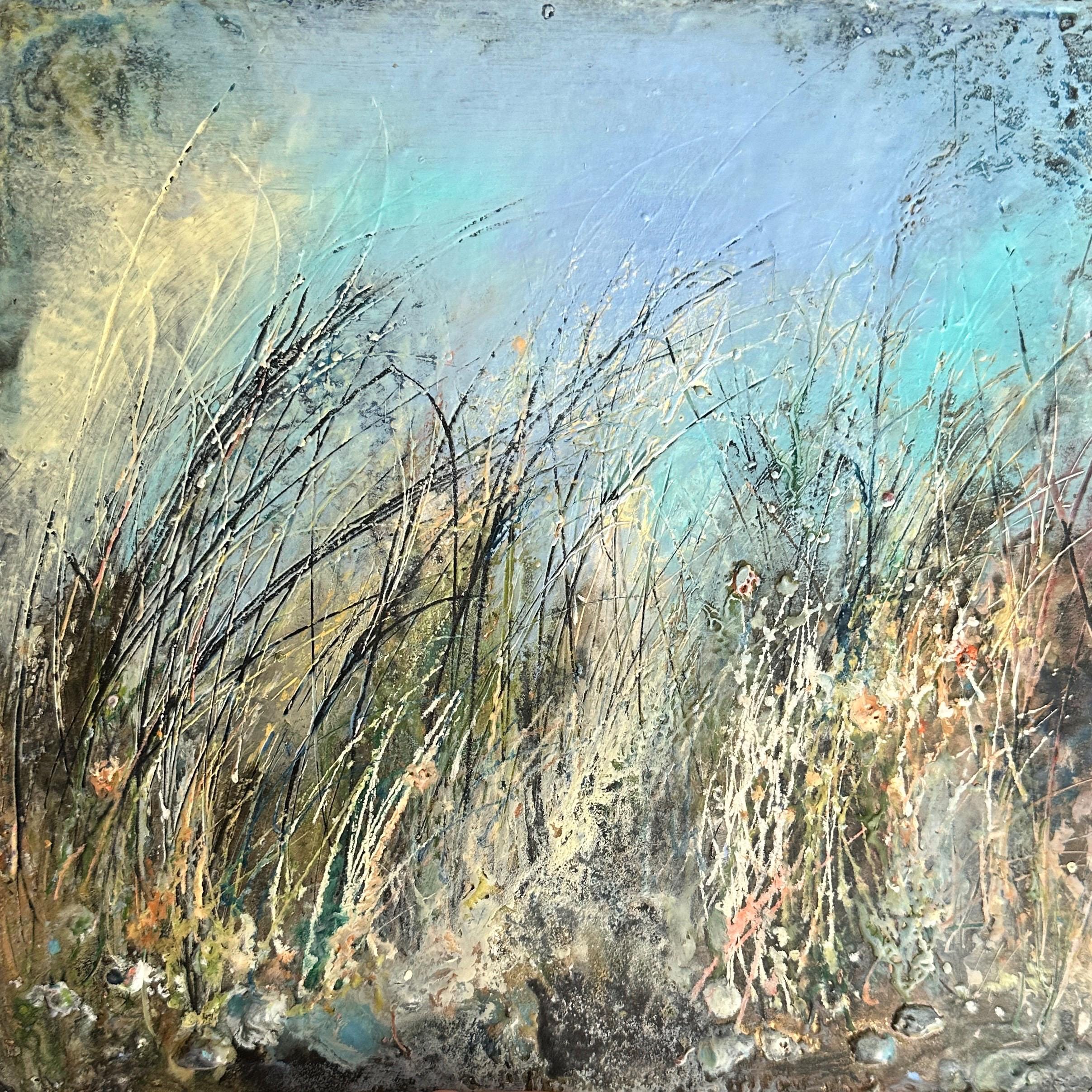 Original Abstract Encaustic Wax Painting: Textured Modern Wall Art Grass landscape