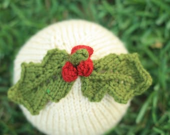 Knit Baby Hat - Holiday Holly Leaves with Berries - Photography Prop
