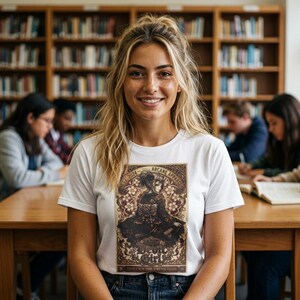 May include: A white short-sleeved t-shirt featuring a rectangular graphic print. The design displays a stylised illustration of a figure in traditional attire surrounded by floral patterns, with the text Arcane Apparel, Est. 2024, and Devil Girl.