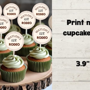FIRST RODEO custom cowboy birthday stickers or cupcake toppers TEMPLATE editable on canva free