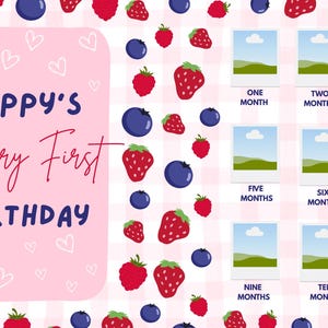BERRY FIRST birthday custom birthday banner with 12 months photos TEMPLATE editable on canva free