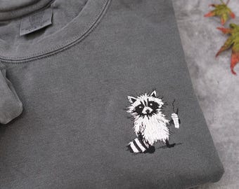 Funny raccoon coffee sweatshirt, Embroidered Meme Raccoon Sweater, exhausted raccoon shirt