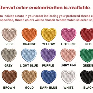 a collection of heart-shaped embroidery designs in various colors, including beige, orange, yellow, pink, red, blue, green, light blue, purple, light pink, green, brown, gold, dark blue, white, and black. The text indicates that thread color customization is available, and the embroidery is available in a variety of colors.