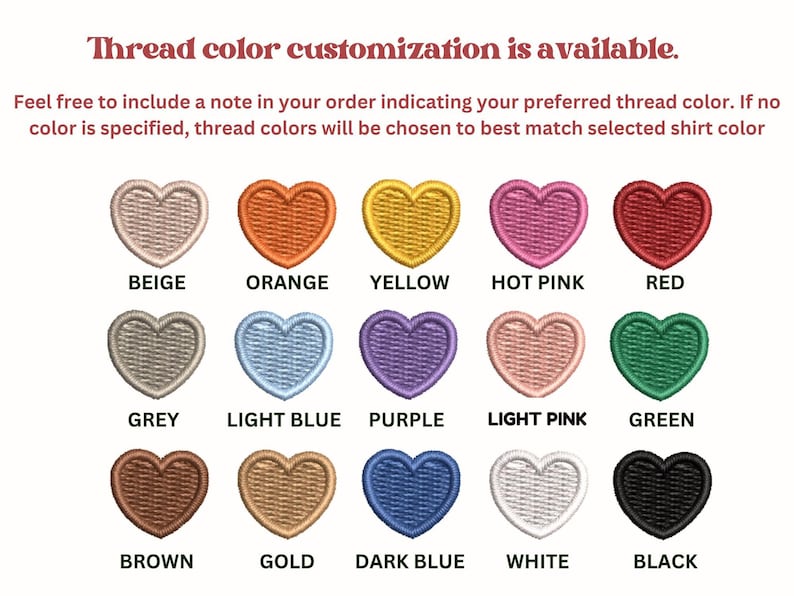a collection of heart-shaped embroidery designs in various colors, including beige, orange, yellow, pink, red, blue, green, light blue, purple, light pink, green, brown, gold, dark blue, white, and black. The text indicates that thread color customization is available, and the embroidery is available in a variety of colors.