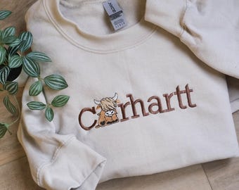 Highland Cow Embroidered Crewneck, Gift for Cow Lover, Embroidered Cow Crewneck, Holy Cow,  Funny Embroidered Shirt, Cute Cow Shirt