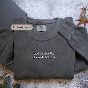 Embroidered Not Friendly Do Not Touch Sweatshirt, Funny Humor, Adult Humor Comfort Colors®, Sarcasm Shirt, Funny Trendy Shirt for Women
