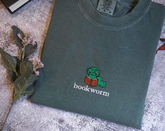 Bookworm Embroidered Tee – Cute Comfort Colors Shirt for Book Lovers, Bookish Gifts
