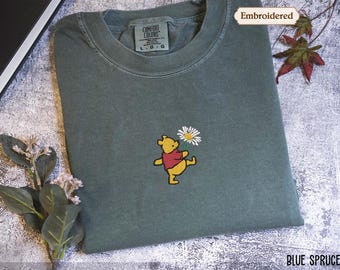 Daisy Winnie Pooh Shirt, Comfort Colors, Trendy Spring Floral embroidered Sweater, Cute Summer Gift