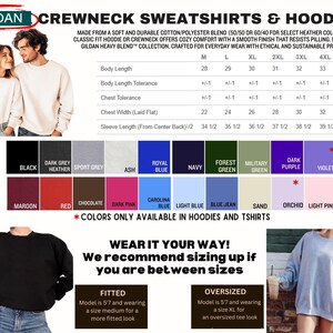 The image is a collage of various images related to crew neck sweatshirts and hoodies, including a man and a woman posing together, a man and a woman wearing different colored sweatshirts, and a man and a woman wearing different colored hoodies. The image also includes a size chart for crew neck sweatshirts and hoodies, and a message encouraging the viewer to wear the clothing as recommended.