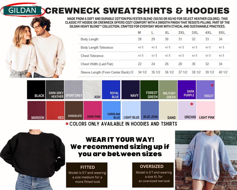 The image is a collage of various images related to crew neck sweatshirts and hoodies, including a man and a woman posing together, a man and a woman wearing different colored sweatshirts, and a man and a woman wearing different colored hoodies. The image also includes a size chart for crew neck sweatshirts and hoodies, and a message encouraging the viewer to wear the clothing as recommended.