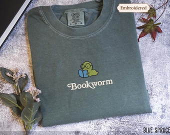 Bookworm Embroidered Tee – Cute Comfort Colors Shirt for Book Lovers, Bookish Gifts