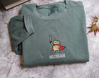 Huzzah Frog with Sword Embroidered Medieval Frog Sweatshirt, Funny Hoodie, Renaissance Faire Frog Embroidered T Shirt