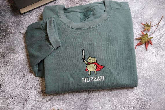 Huzzah Frog with Sword Embroidered Medieval Frog Sweatshirt, Funny Hoodie, Renaissance Faire Frog Embroidered T Shirt